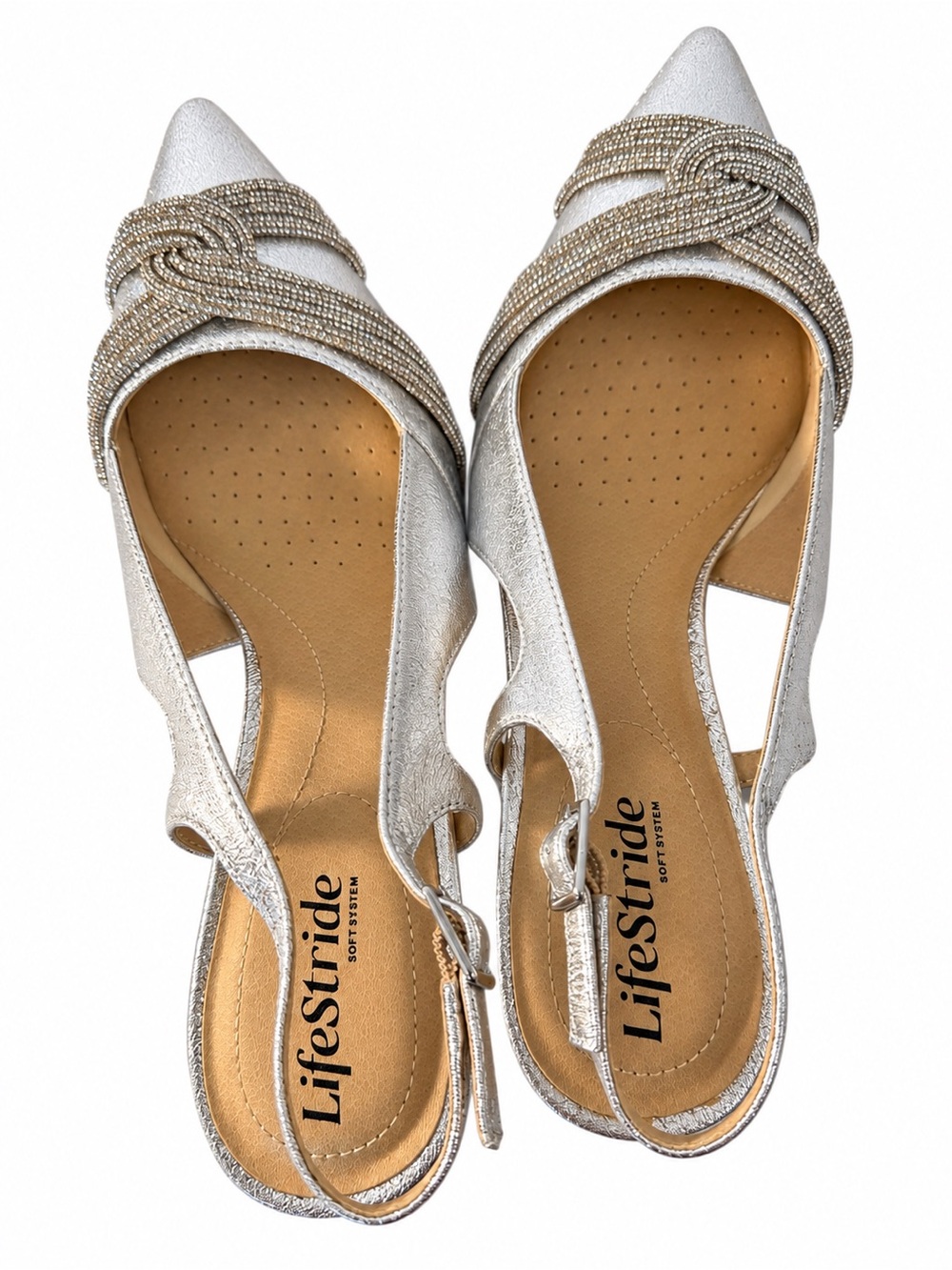 LifeStride Silver Pointed-Toe Slingback Flats with Beaded Knot